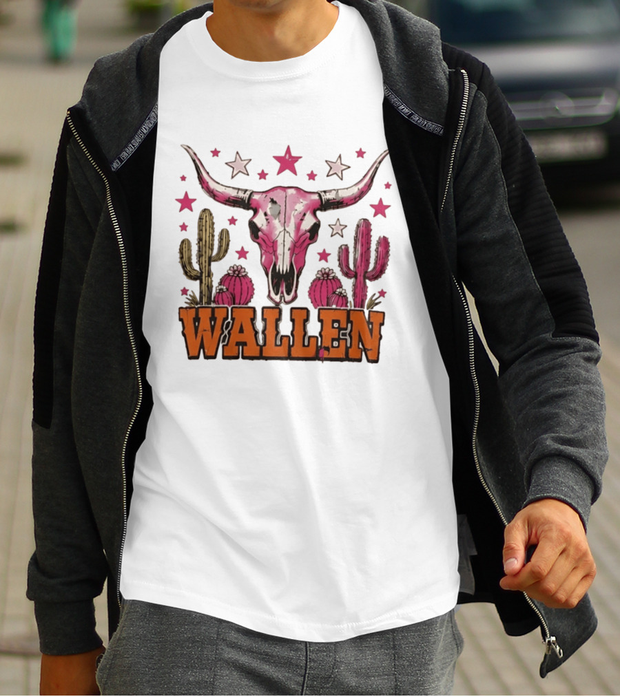 Wallen Pink Cow Skull Cactus Stars T-Shirt