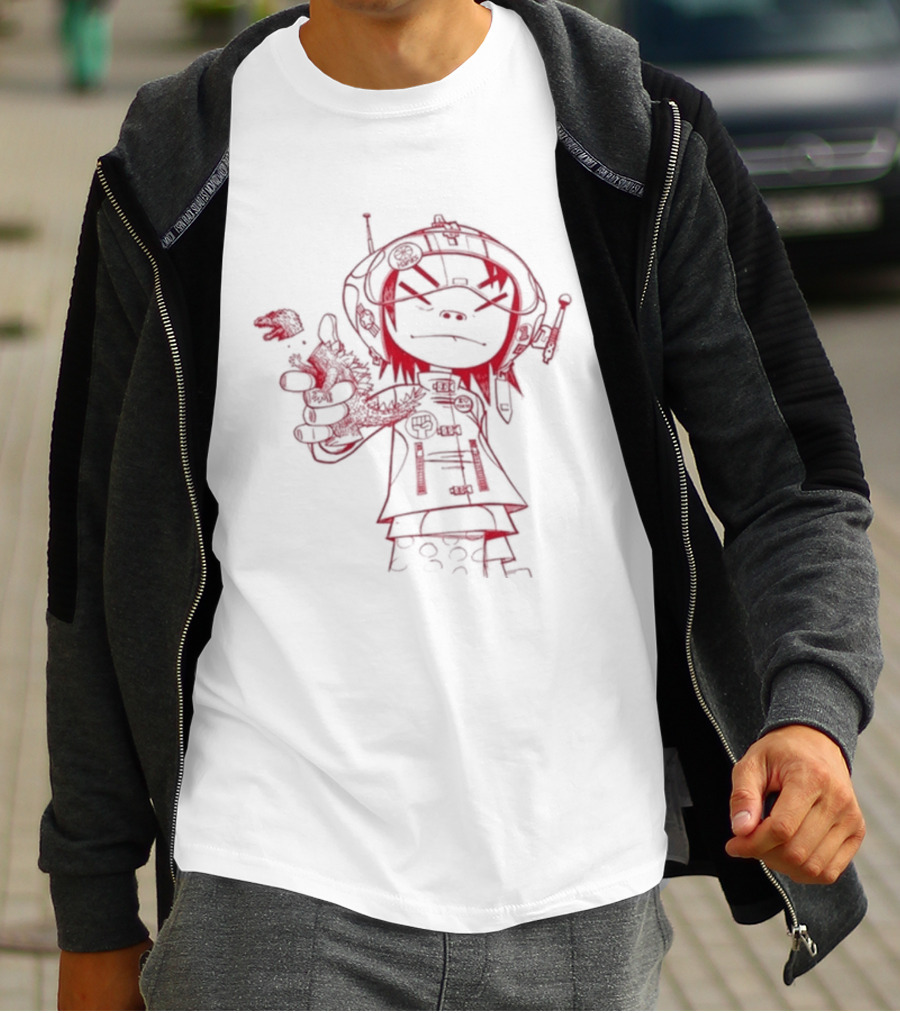 Gorillaz Noodle Line Drawing Red Sketch T-Shirt