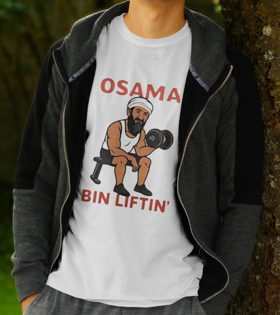Osama Bin Liftin' Dumbbell Cartoon Weightlifting Humor T-Shirt