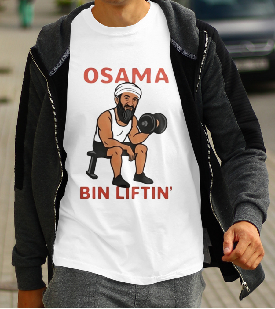 Osama Bin Liftin' Dumbbell Cartoon Weightlifting Humor T-Shirt