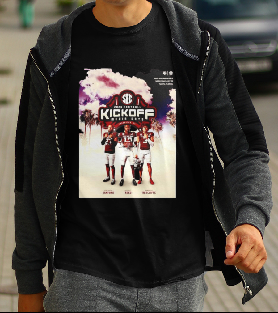 2026 Football SEC Kickoff Media Days Texas A&M Daymion Sanford Marcel Reed Marcus Ratcliffe T-Shirt