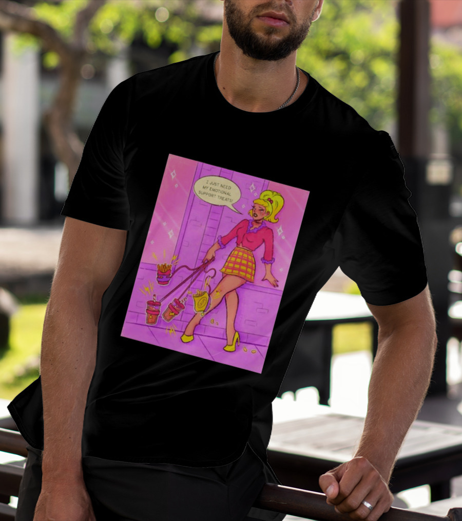 I Just Need My Emotional Support Treats Comic Style Girl With Drinks And Fries T-Shirt