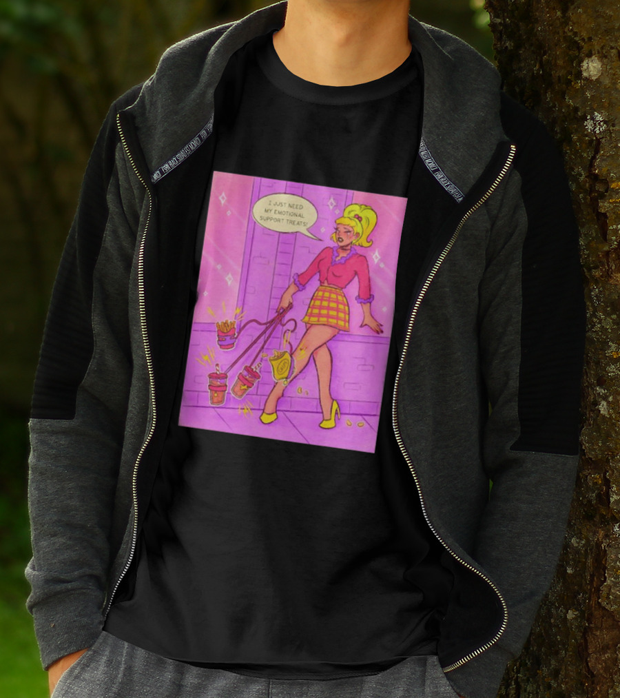 I Just Need My Emotional Support Treats Comic Style Girl With Drinks And Fries T-Shirt