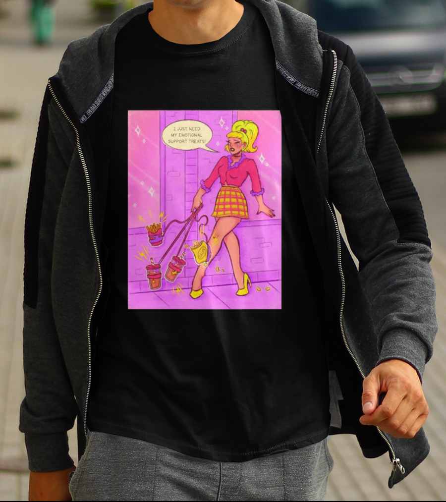 I Just Need My Emotional Support Treats Comic Style Girl With Drinks And Fries T-Shirt