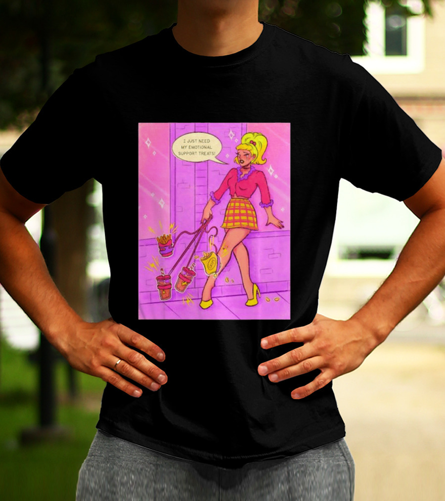 I Just Need My Emotional Support Treats Comic Style Girl With Drinks And Fries T-Shirt