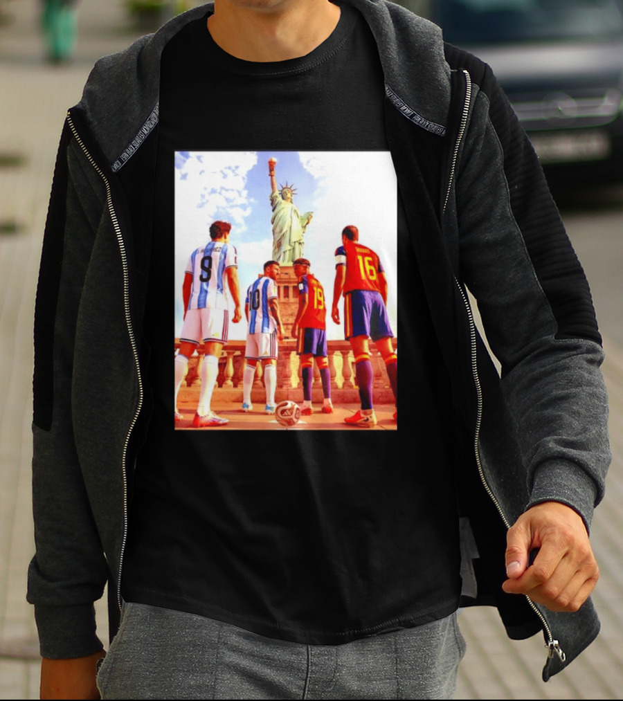 Lionel Messi J Alvarez Lamine Yamal Rodrigo Football Statue Of Liberty Argentina Spain Soccer T-Shirt