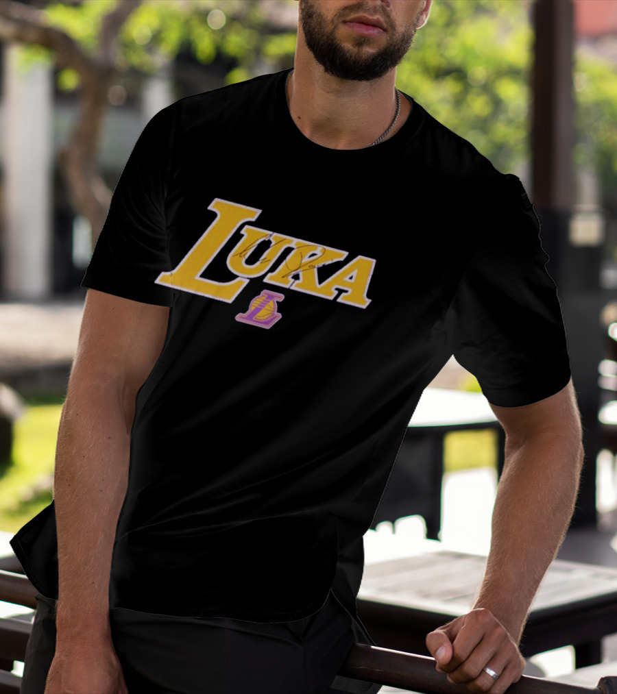 Luka Doncic Autograph Lakers Font Style With Los Angeles Basketball T-Shirt