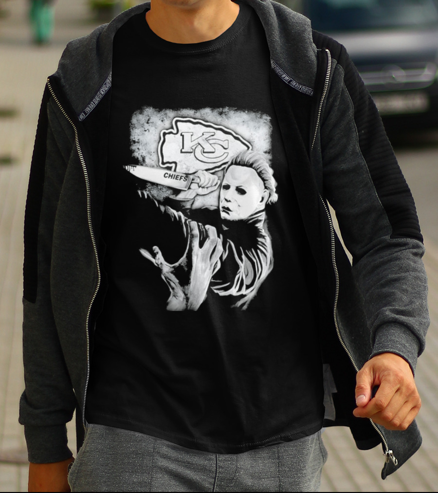 Michael Myers Holding Knife With KC Chiefs T-Shirt