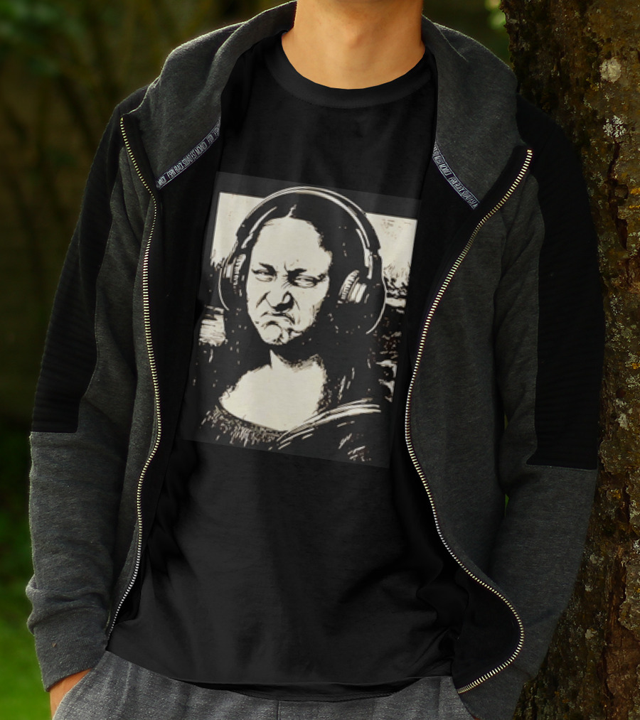 Mona Lisa Headphones Grumpy Expression Fusion T-Shirt