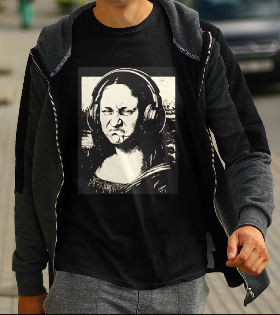 Mona Lisa Headphones Grumpy Expression Fusion T-Shirt
