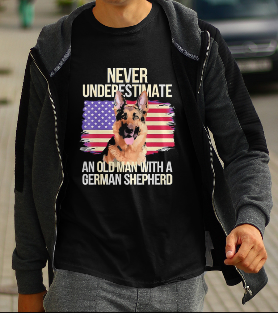 Never Underestimate An Old Man With A German Shepherd American Flag T-Shirt