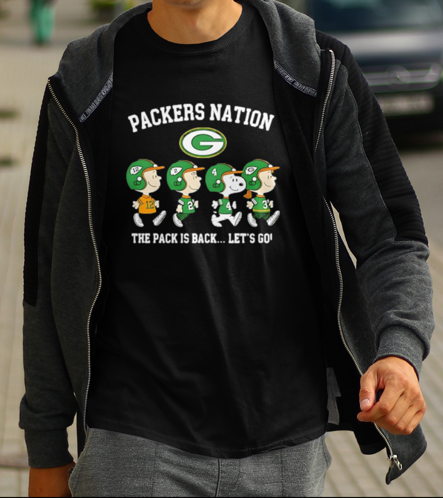 Packers Nation Peanuts Characters Walking The Pack Is Back Let's Go Green Bay Packers T-Shirt