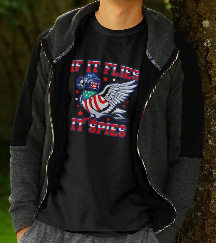If It Flies It Spies Pigeon Camera American Flag T-Shirt