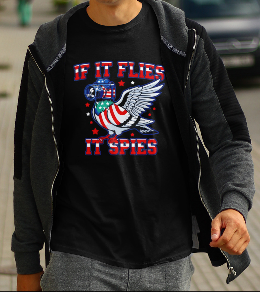 If It Flies It Spies Pigeon Camera American Flag T-Shirt