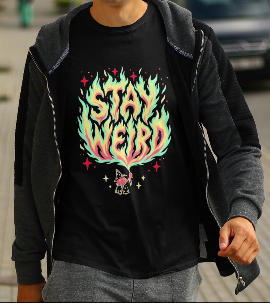 Stay Weird Magic Flames Wizard Cat Stars Cosmic T-Shirt