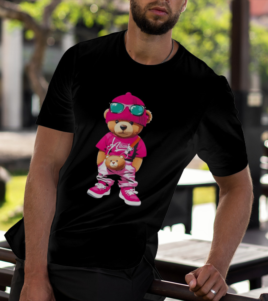 Ailan Teddy Bear Stylish Streetwear Outfit Pink Beanie Sunglasses And Bear Bag T-Shirt