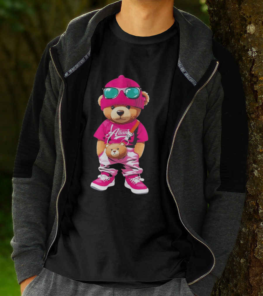Ailan Teddy Bear Stylish Streetwear Outfit Pink Beanie Sunglasses And Bear Bag T-Shirt