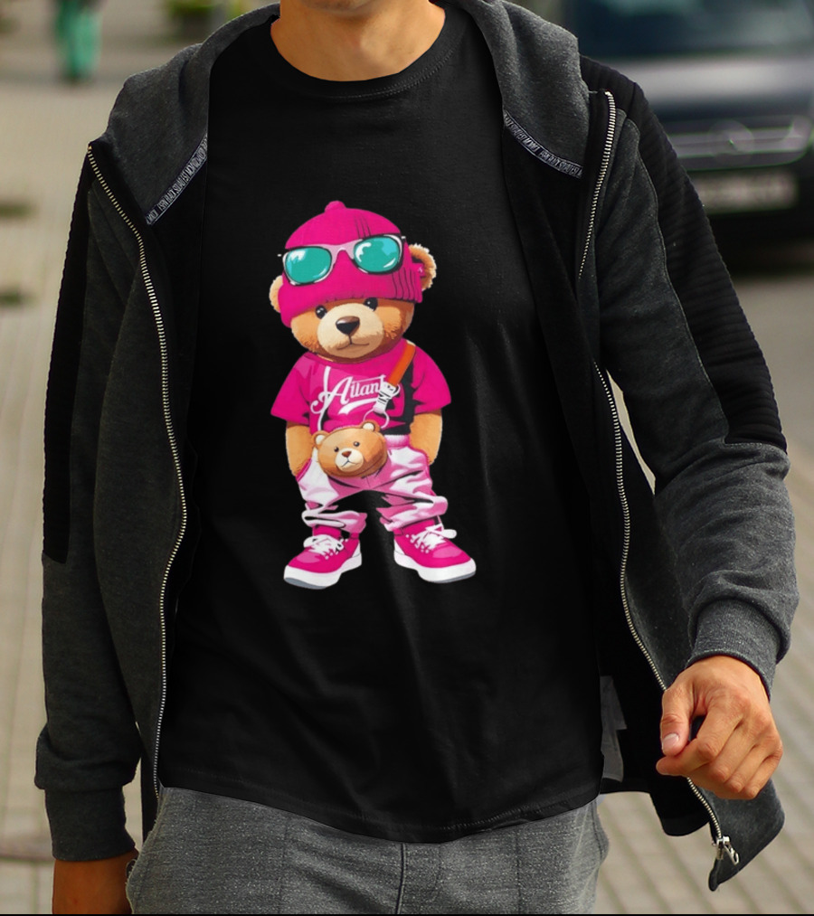 Ailan Teddy Bear Stylish Streetwear Outfit Pink Beanie Sunglasses And Bear Bag T-Shirt