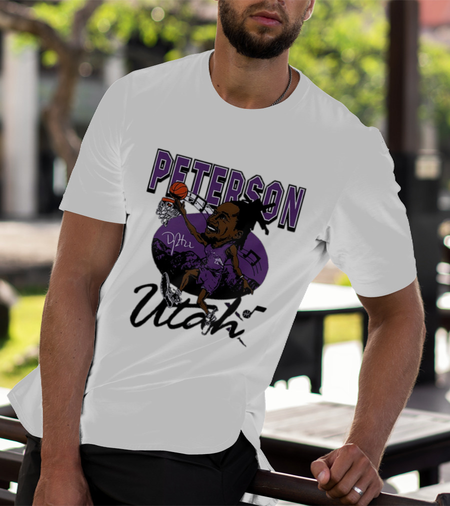 Peterson Utah Jazz NBA Basketball Caricature Purple Scene T-Shirt