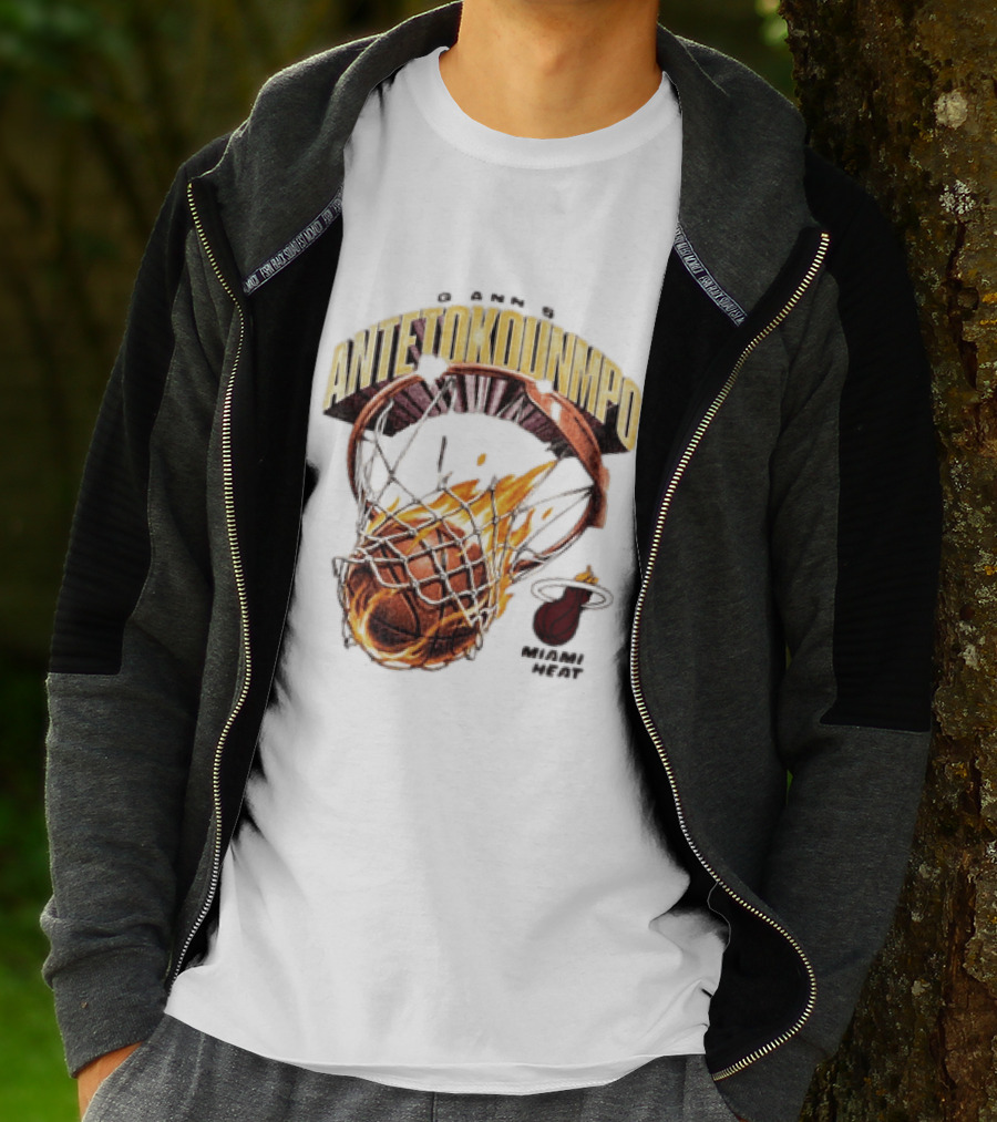 Giannis Antetokounmpo Miami Heat Basketball Hoop Fireball T-Shirt