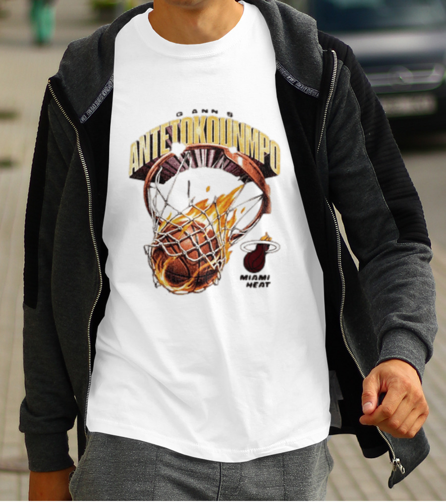 Giannis Antetokounmpo Miami Heat Basketball Hoop Fireball T-Shirt