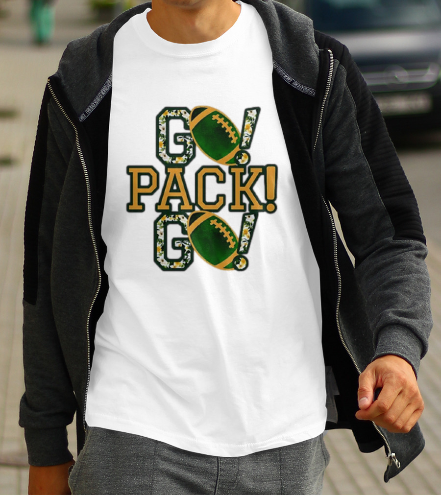 Packers Go Pack Go Football Floral Design With Green And Gold Footballs T-Shirt