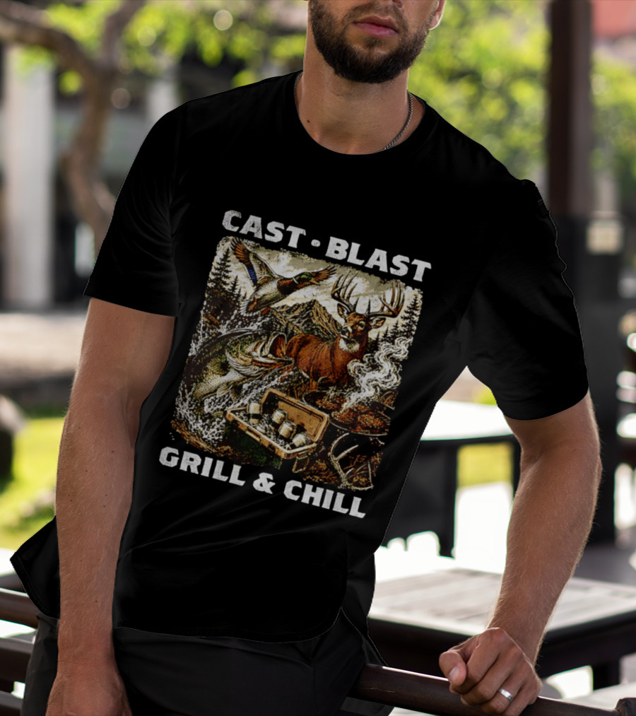 Cast Blast Grill & Chill Deer Fish Camping Scene T-Shirt