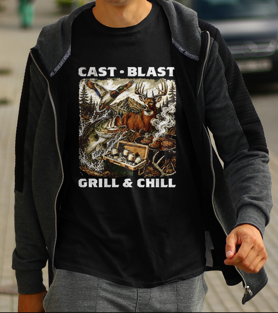 Cast Blast Grill & Chill Deer Fish Camping Scene T-Shirt