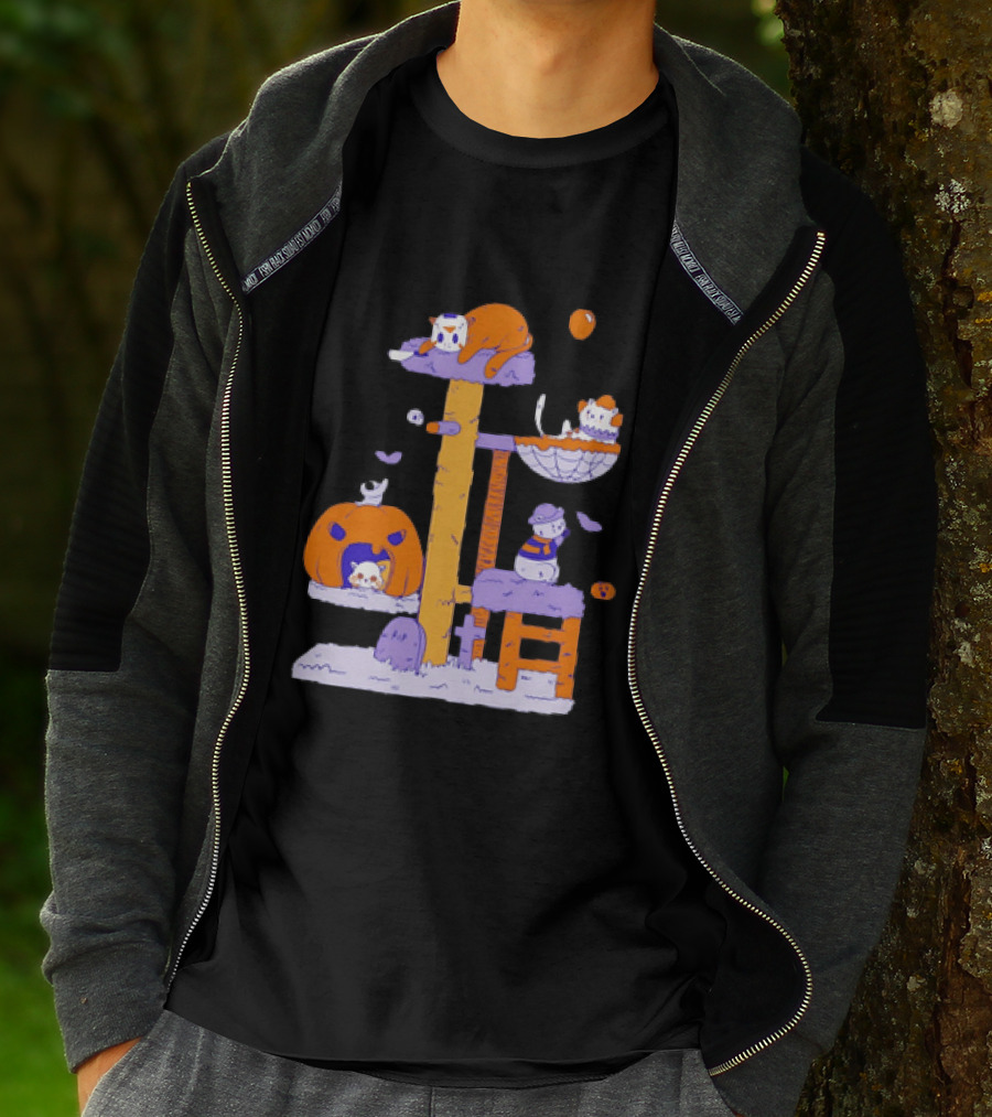 Cat Horror Pumpkin Tree Halloween Cats T-Shirt