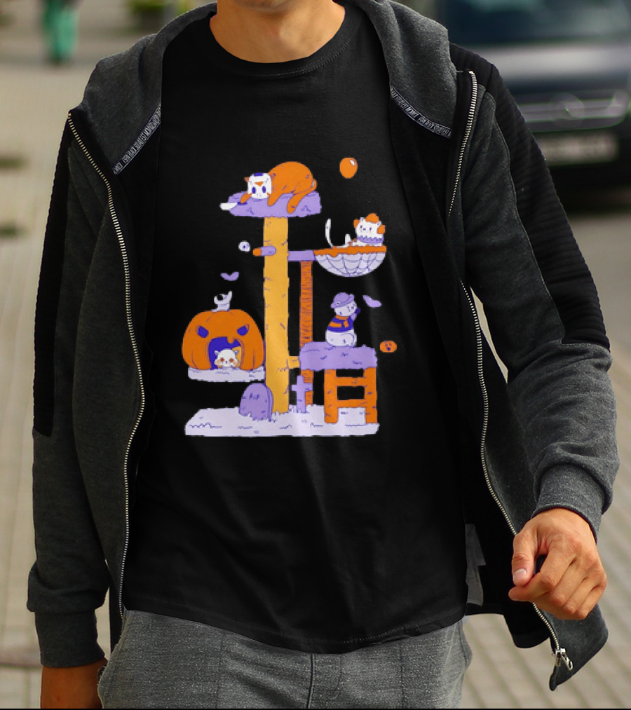 Cat Horror Pumpkin Tree Halloween Cats T-Shirt