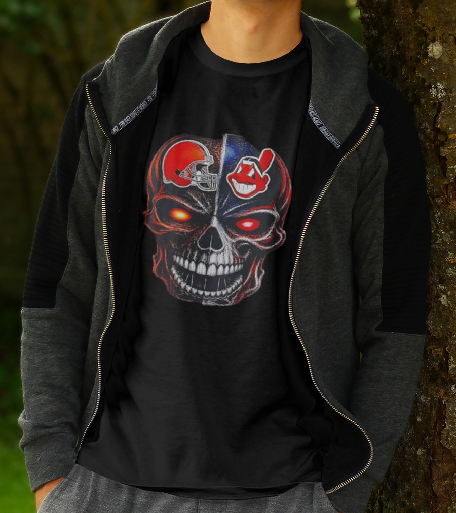 Cleveland Browns Helmet Indians Chief Wahoo Skull Sports Fan T-Shirt
