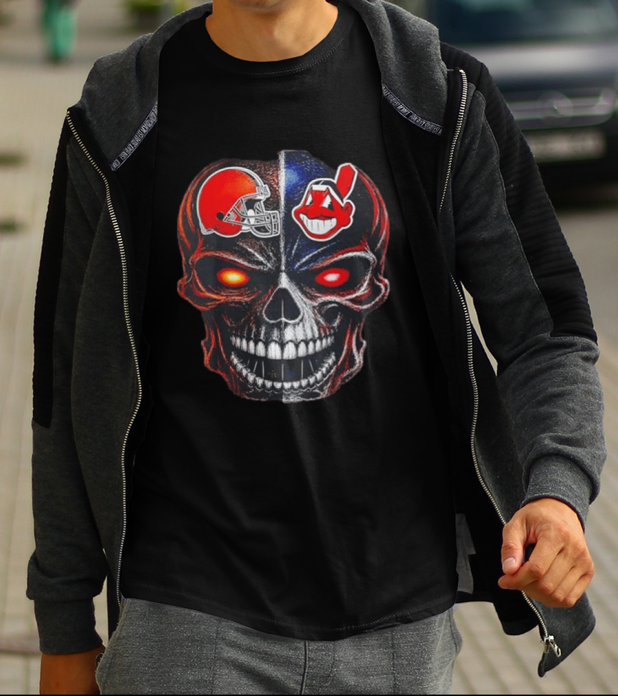 Cleveland Browns Helmet Indians Chief Wahoo Skull Sports Fan T-Shirt