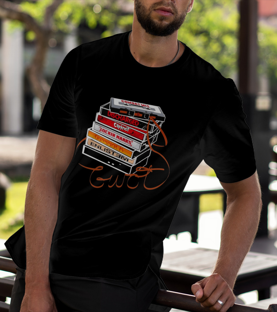 Combat Mix Discharged Clipknot Lockin Marks Gunsmack Enlist GWOT 3 Tours Down Music Cassette Stack T-Shirt