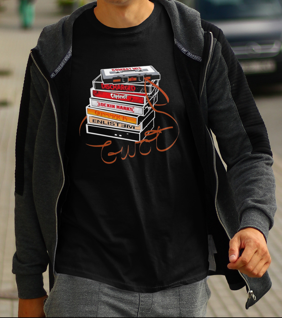Combat Mix Discharged Clipknot Lockin Marks Gunsmack Enlist GWOT 3 Tours Down Music Cassette Stack T-Shirt