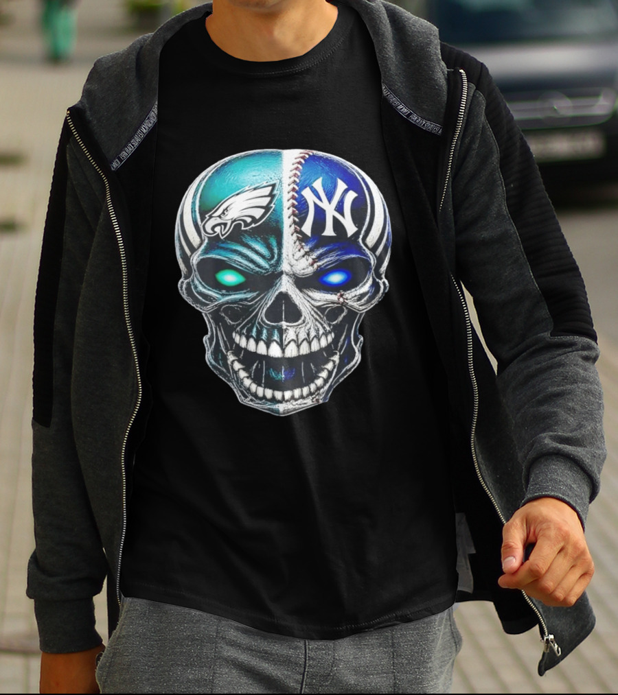 Philadelphia Eagles New York Yankees Skull Glow Eyes T-Shirt