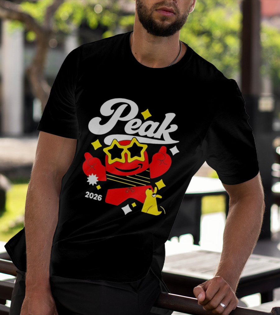 Peak 2026 Red Character With Star Glasses And Yellow Dog T-Shirt
