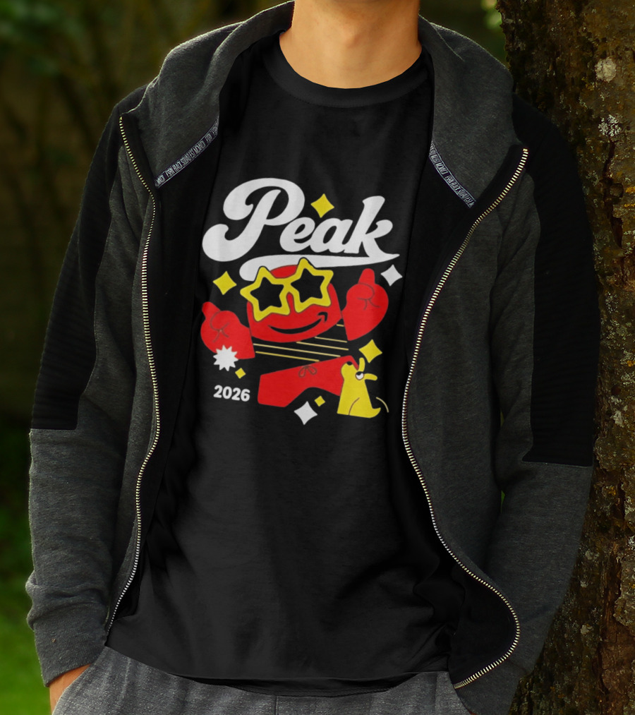 Peak 2026 Red Character With Star Glasses And Yellow Dog T-Shirt