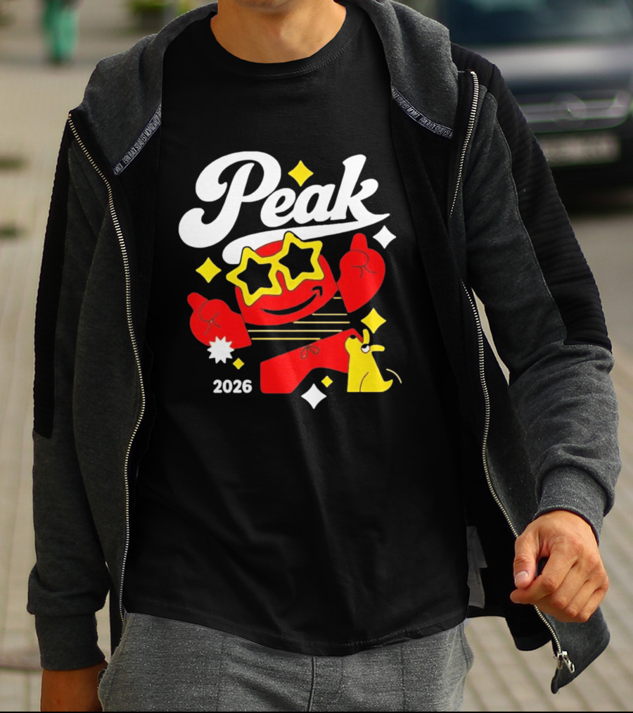 Peak 2026 Red Character With Star Glasses And Yellow Dog T-Shirt