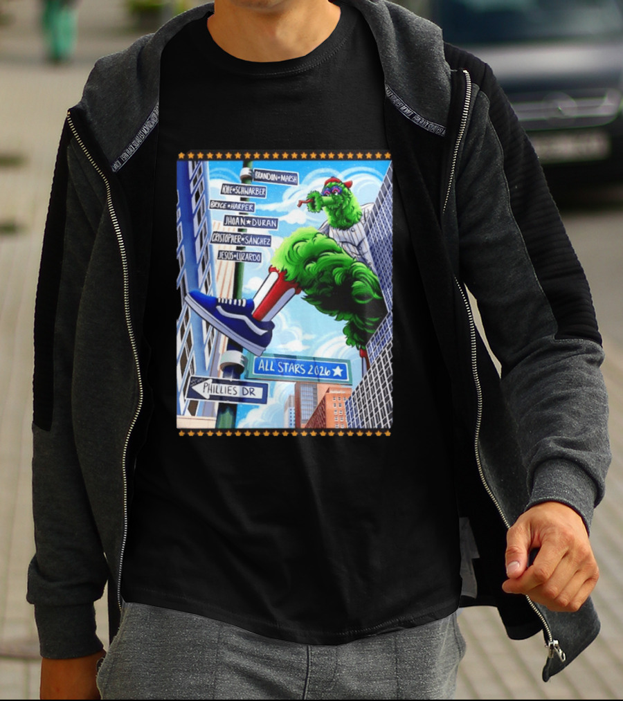 Phillies Dr Phillie Phanatic Brandon Marsh Kyle Schwarber Bryce Harper Johan Duran Christopher Sanchez Jesus Luzardo All Stars 2026 T-Shirt