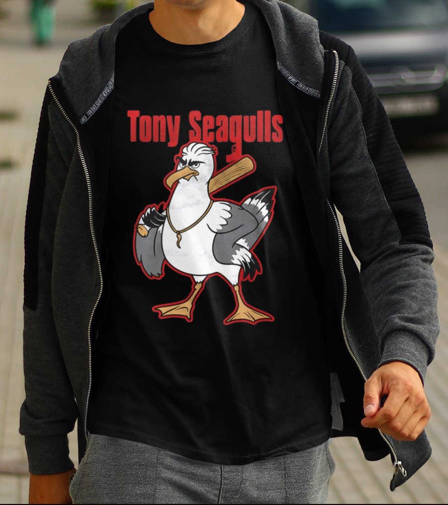 Tony Seagulls Baseball Cartoon Character With Bat T-Shirt