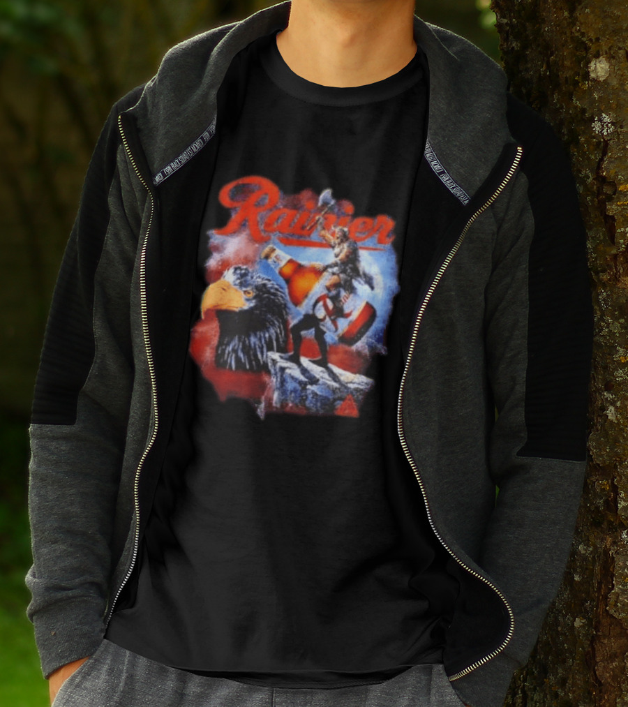 Rainier Beer Viking Holding Beer Riding Eagle On Rock T-Shirt