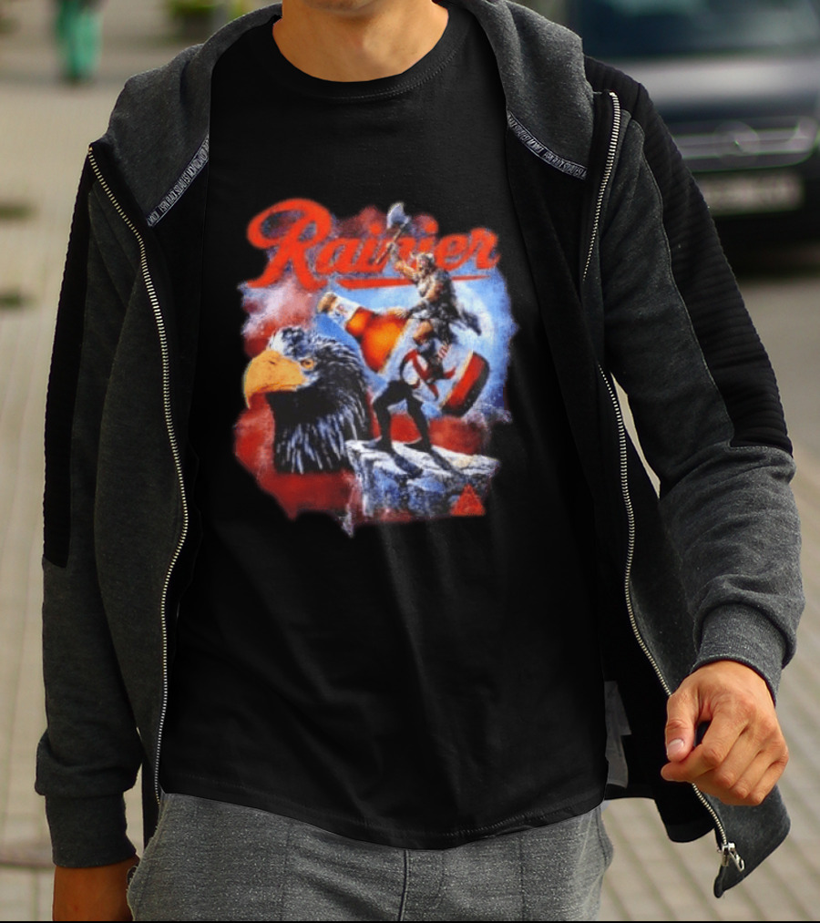 Rainier Beer Viking Holding Beer Riding Eagle On Rock T-Shirt