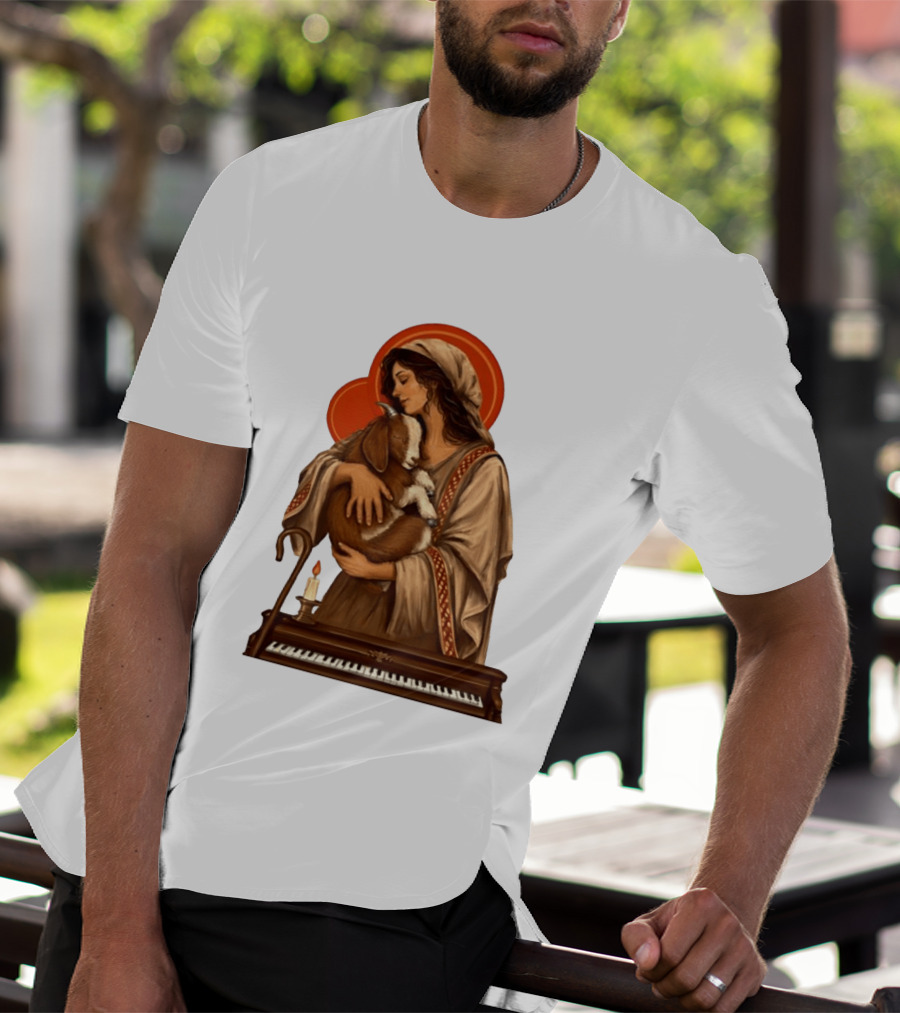 Woman Embracing Goat With Candle And Piano Halo T-Shirt
