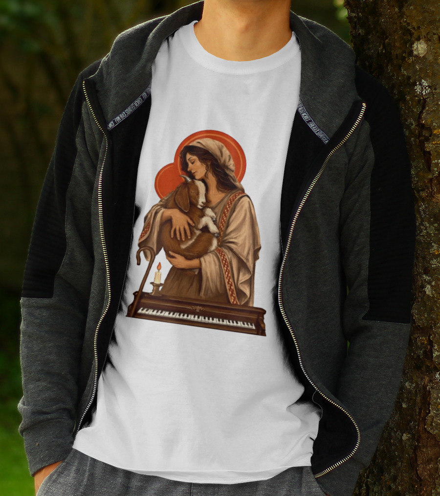 Woman Embracing Goat With Candle And Piano Halo T-Shirt