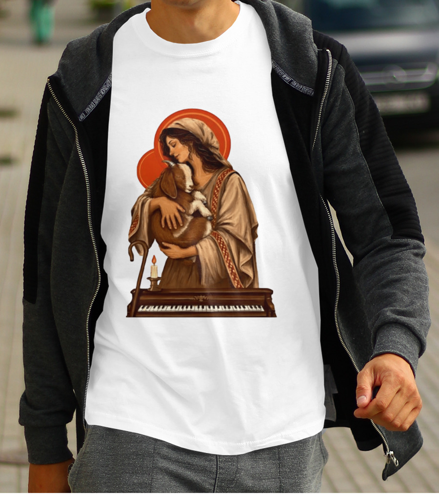 Woman Embracing Goat With Candle And Piano Halo T-Shirt