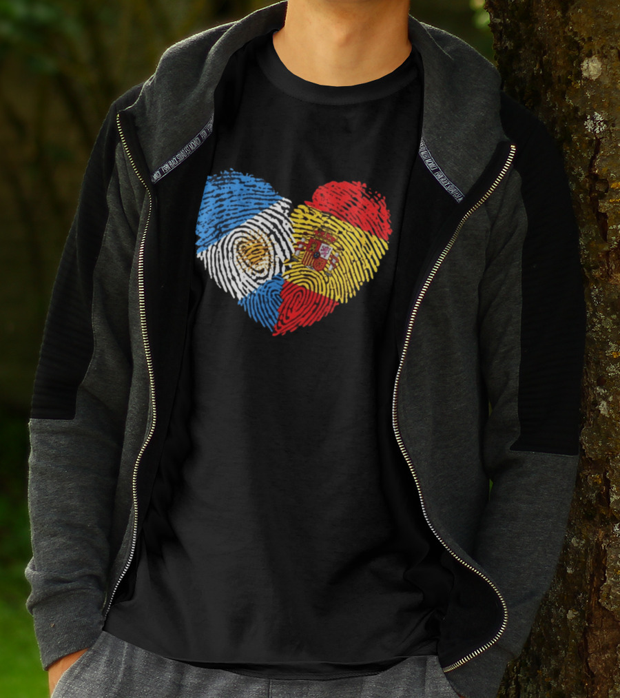 Half Spain Half Argentine Heart Fingerprints Flags Spain Argentina T-Shirt