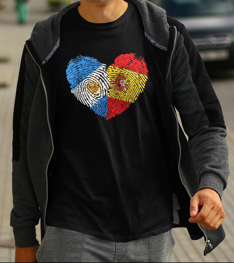 Half Spain Half Argentine Heart Fingerprints Flags Spain Argentina T-Shirt