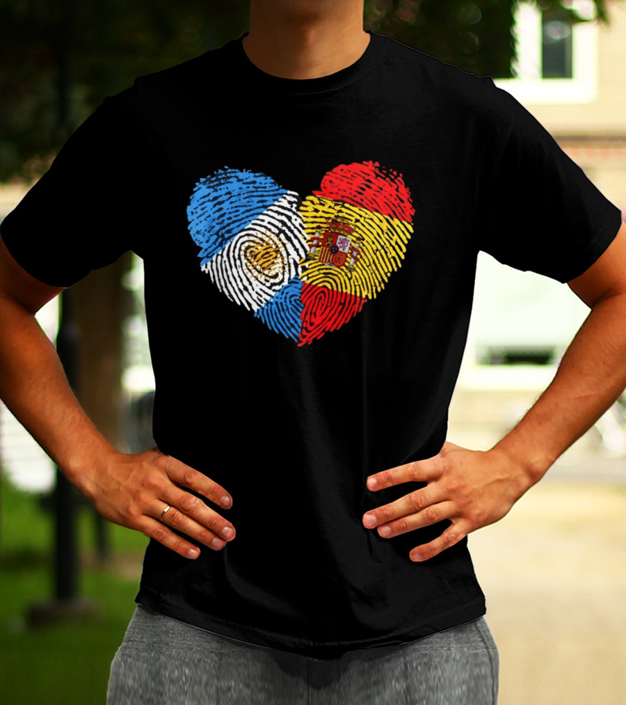 Half Spain Half Argentine Heart Fingerprints Flags Spain Argentina T-Shirt