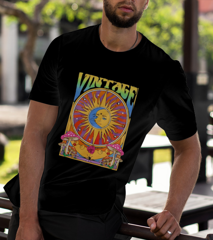 Vintage Sun Moon Celestial Psychedelic Mushrooms T-Shirt