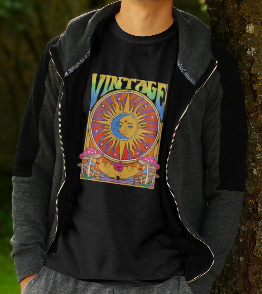 Vintage Sun Moon Celestial Psychedelic Mushrooms T-Shirt